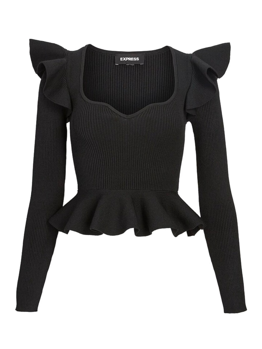 EXPRESS Women’s long sleeve ribbed peplum ruffle sweater top🖤🖤